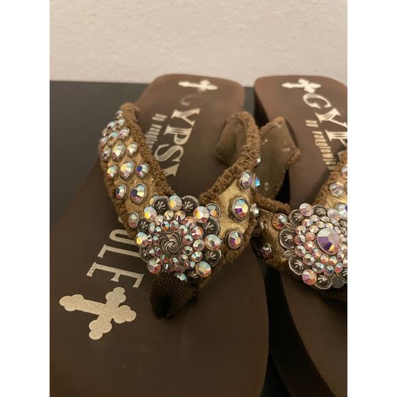 Gypsy Soule Womens Platform Flip Flop Sandals Size 9 Brown Bedazzled Western - Picture 3 of 8